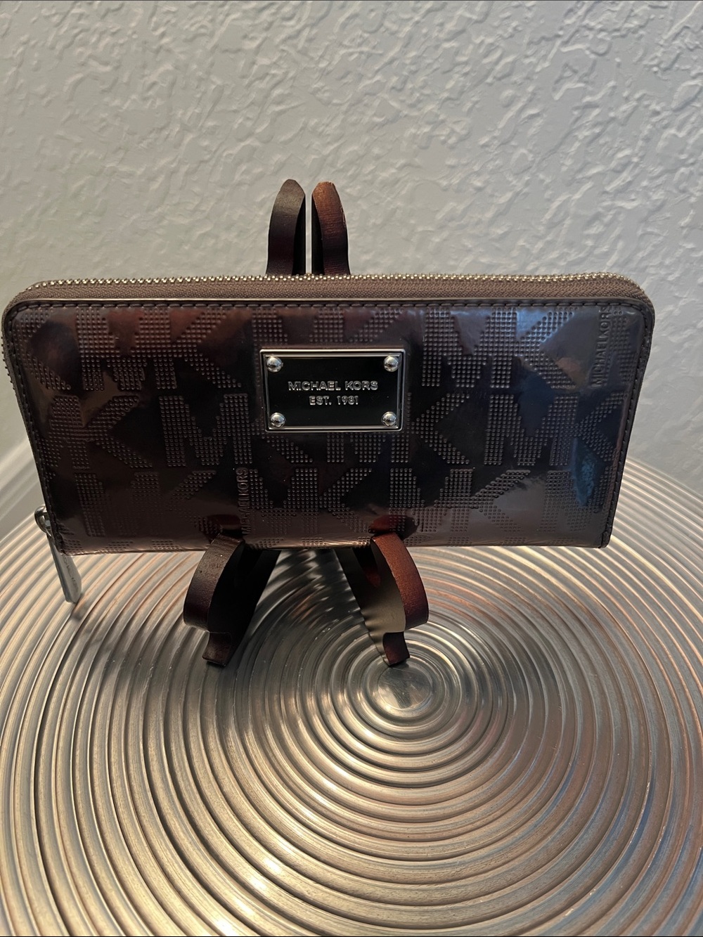 Michael Kors Gunmetal Logo Zip Wallet with Silver Plate